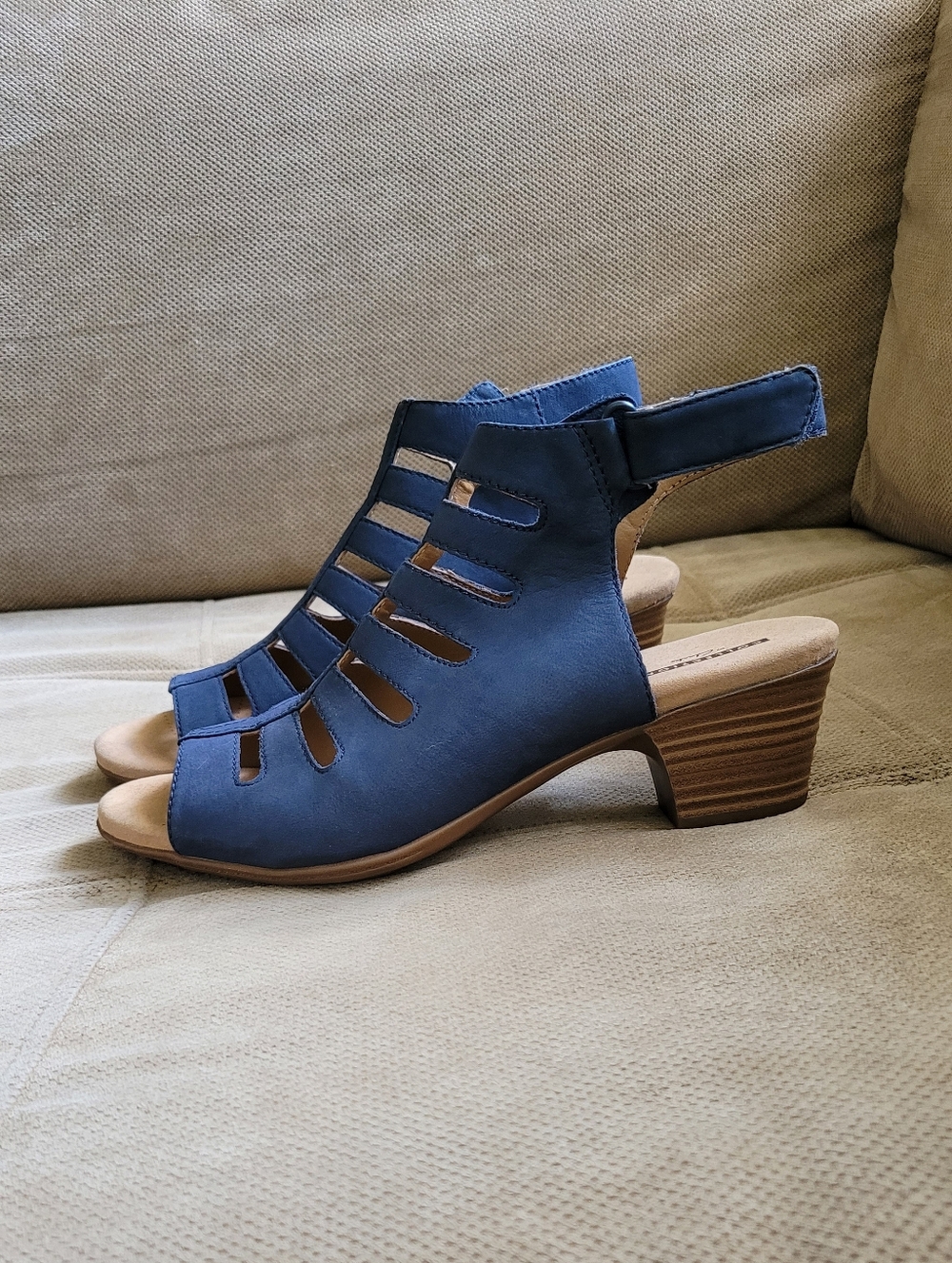 Nubuck Navy Heeled Sandals  Size 8 New Velcro Straps